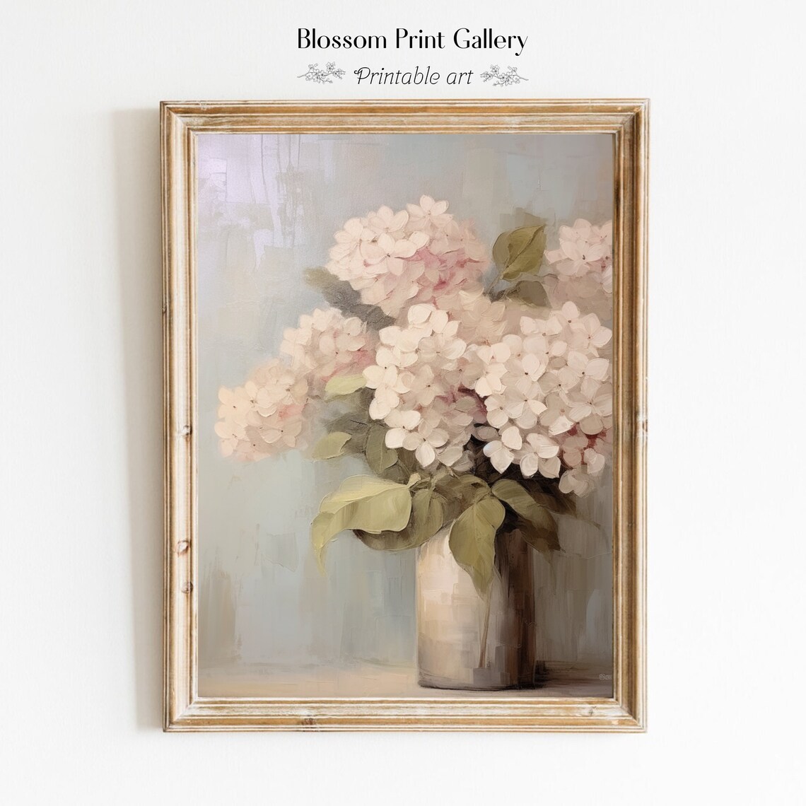 Pale Pink Hydrangeas In A White Vase On A Soft Muted Background Print