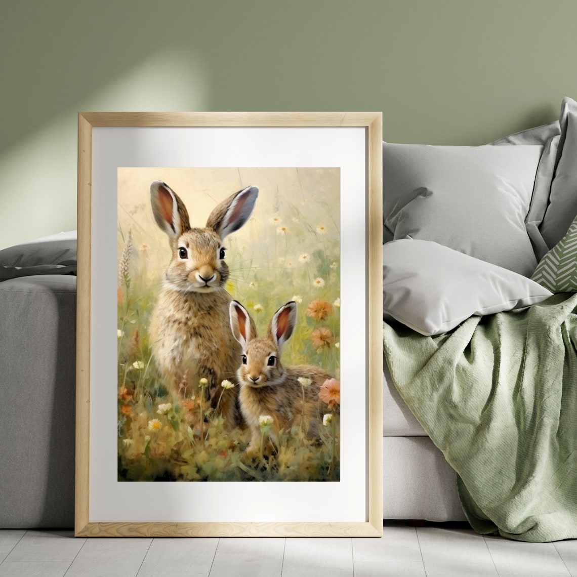 Two Bunnies Wildflower Meadow Cute Rabbit Pair Painting Poster - Image 5