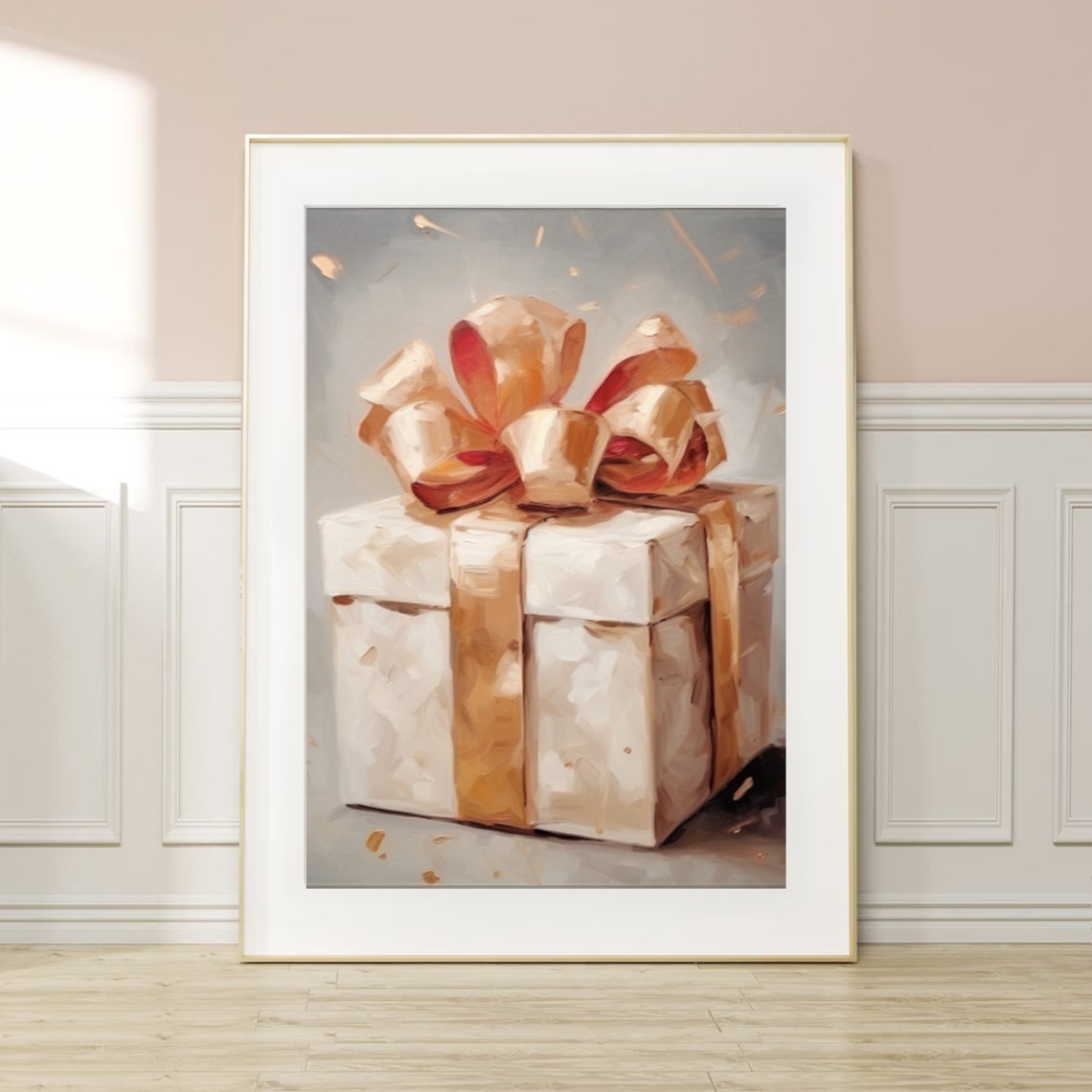 Painted Gift Box With Gold Bow Christmas Present Still Life Art Poster