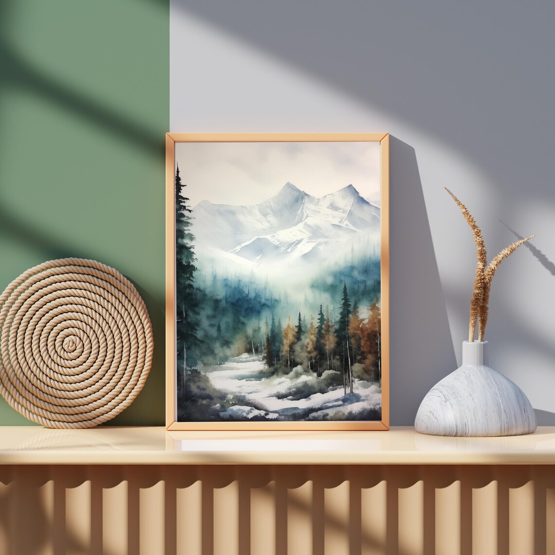 Misty Snowy Mountain Forest Watercolor Winter Landscape Poster - Image 4