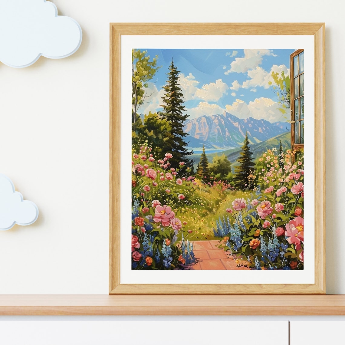 Garden Window Mountain View Pink Peony Summer Landscape Poster - Image 4