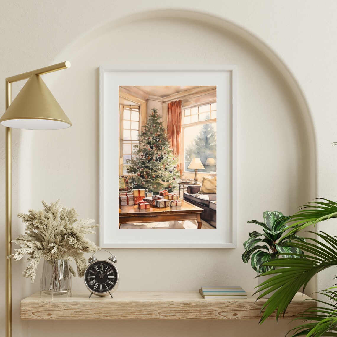 Watercolor Christmas Tree With Gifts In A Cozy Living Room Poster - Image 4