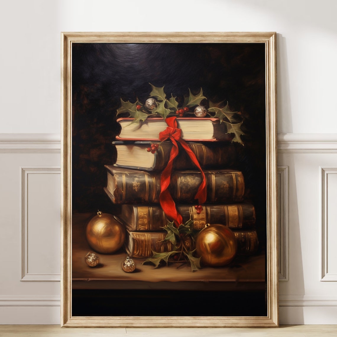 Moody Christmas Book Stack With Red Ribbon Holly Gold Baubles Poster - Image 6