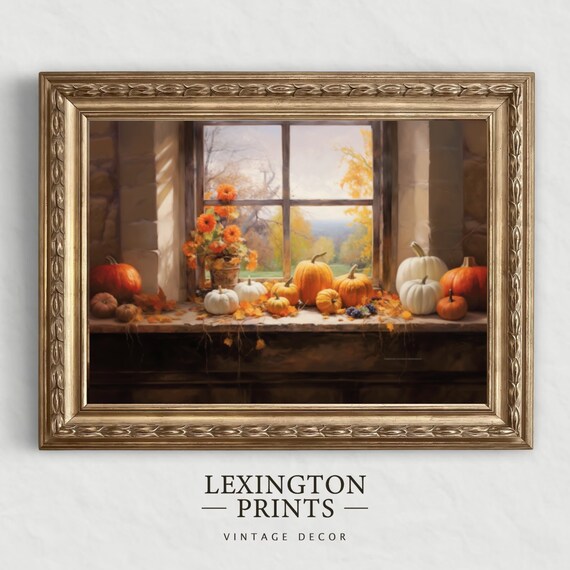 Pumpkins on Rustic Window Sill with Marigolds Painting Poster