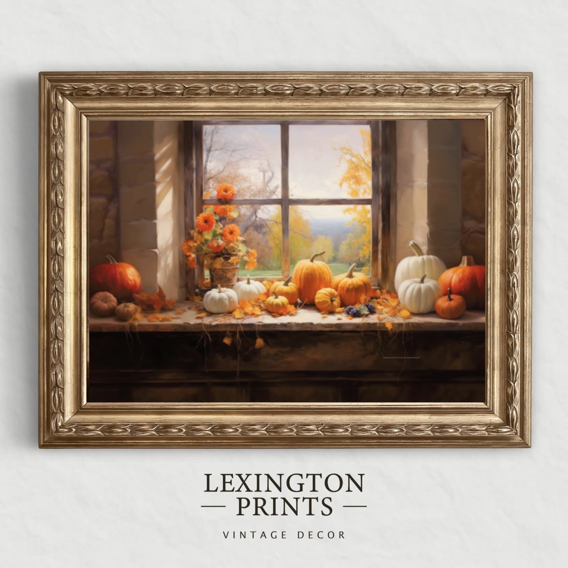 Pumpkins on Rustic Window Sill with Marigolds Painting Poster