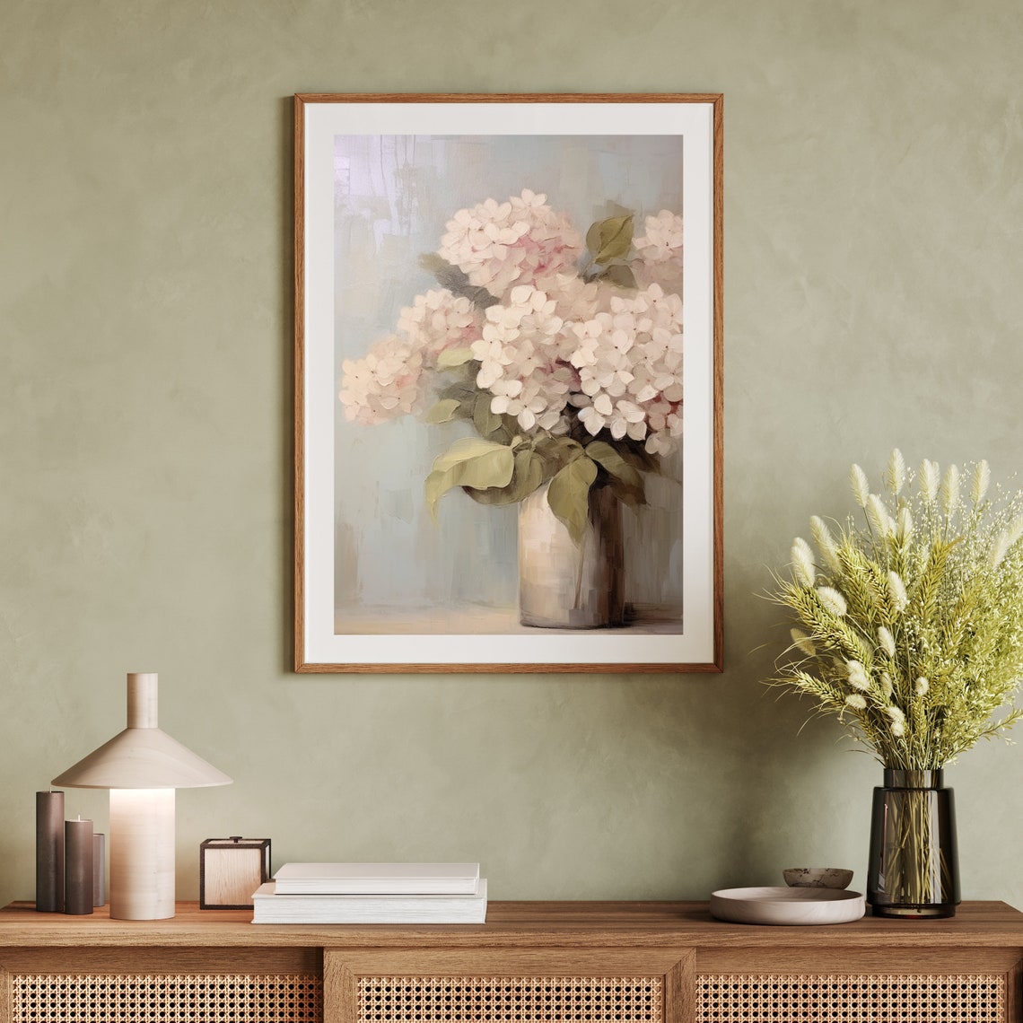 Pale Pink Hydrangeas In A White Vase On A Soft Muted Background Print - Image 5