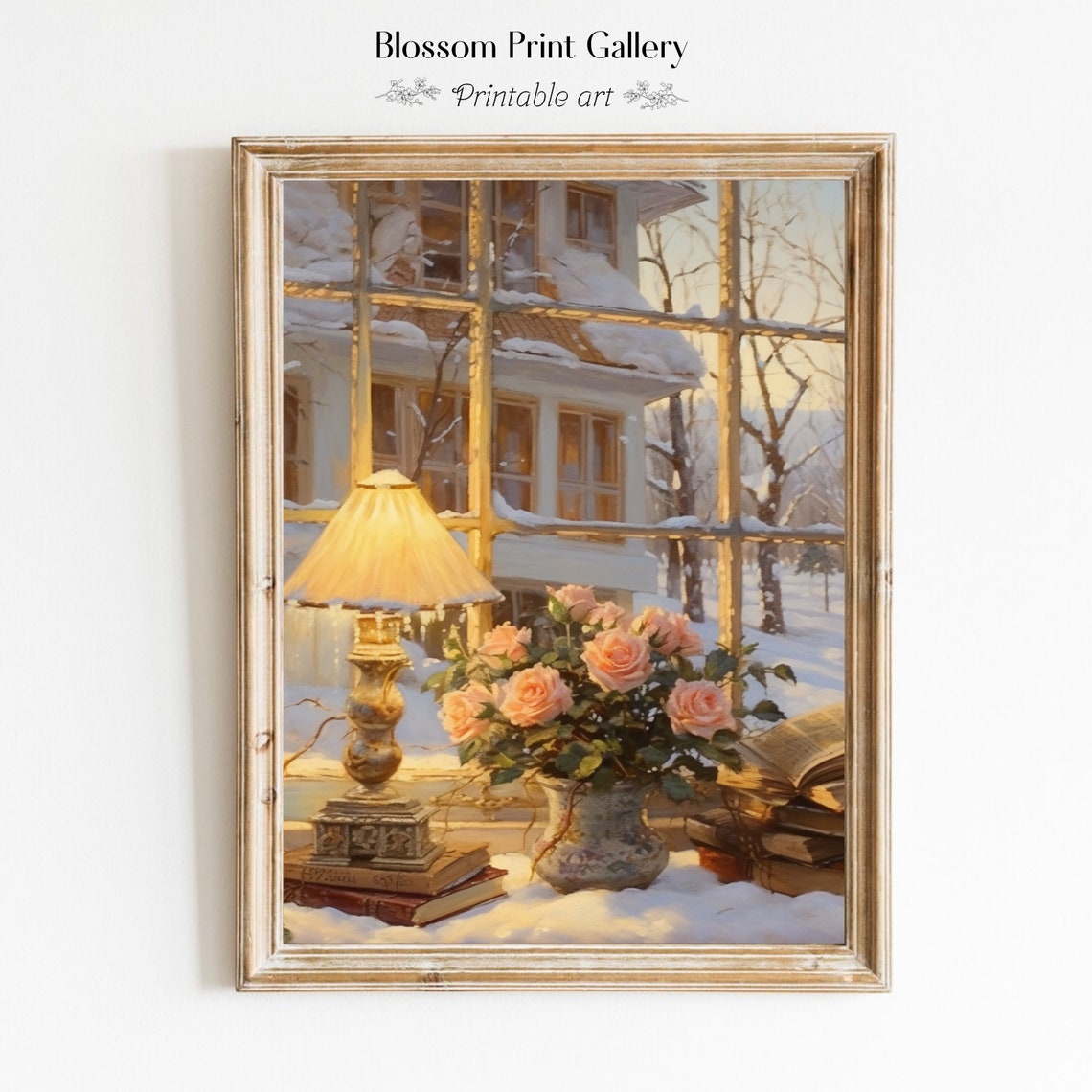 Romantic Winter Window with Lamp and Roses Still Life Painting Poster