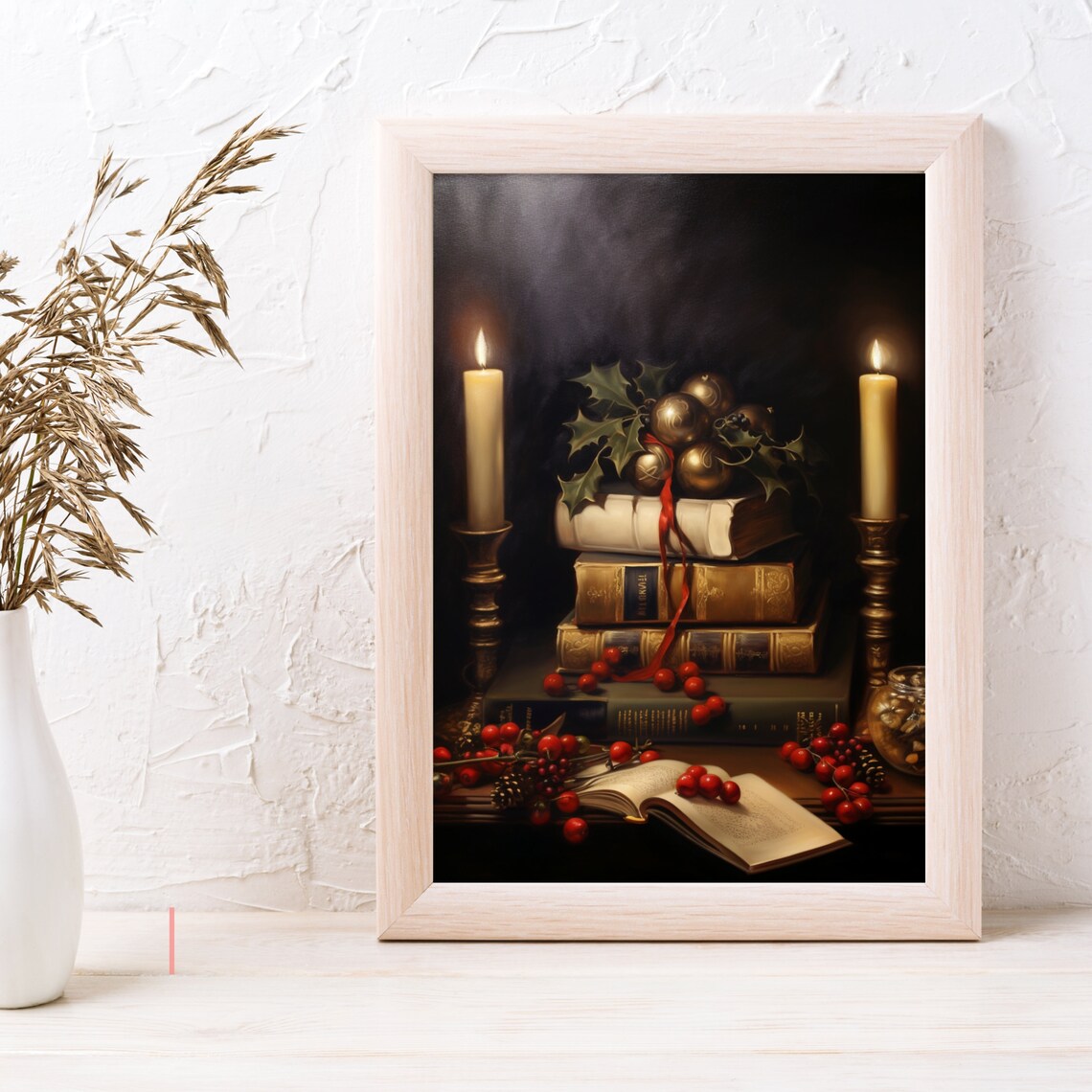 Candlelit Books Holly Berries Christmas Still Life Painting Poster - Image 4