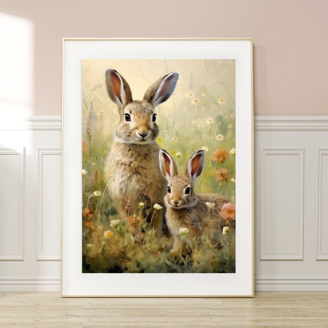 Two Bunnies Wildflower Meadow Cute Rabbit Pair Painting Poster - Image 6