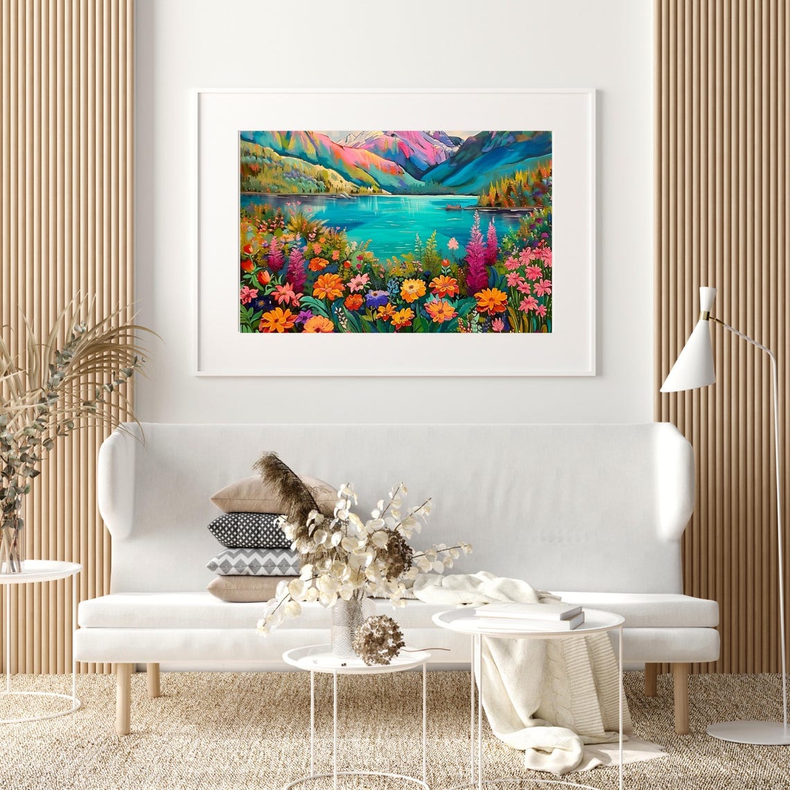 Rainbow Mountain Lake with Wildflower Shores Colorful Landscape Poster - Image 3