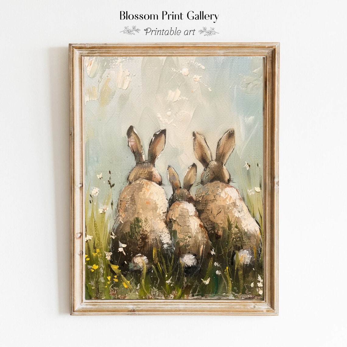 Three Rabbits Watching Wildflower Meadow Cute Bunny Painting Poster