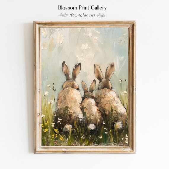 Three Rabbits Watching Wildflower Meadow Cute Bunny Painting Poster