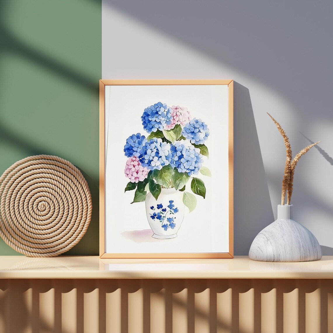 Blue And Pink Hydrangeas White Vase Watercolor Floral Poster - Image 5