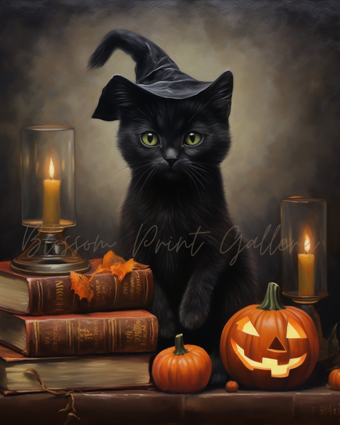 Black Cat In Witch Hat With Books And Jack O Lantern Halloween Poster - Image 3