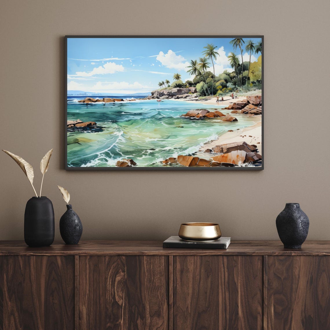 Tropical Beach With Palm Trees Turquoise Waves Painting Poster - Image 3