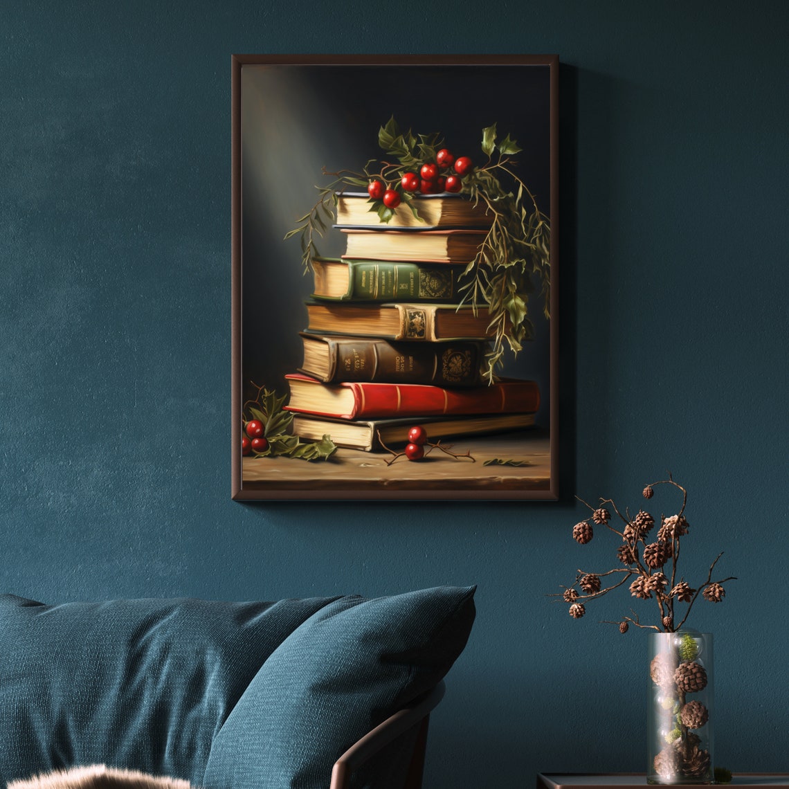Stack Christmas Books Holly Berries Festive Library Art Poster - Image 4