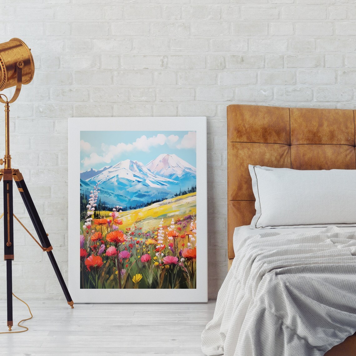 Vibrant Snowy Mountain Peaks Red Wildflowers Alpine Meadow Poster - Image 2