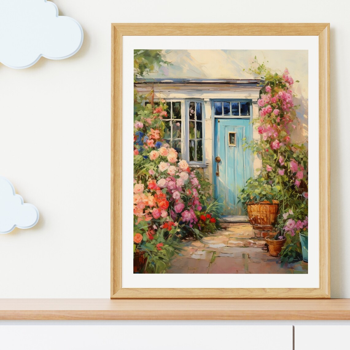 Charming Blue Cottage Door with Climbing Pink Roses Garden Poster - Image 5
