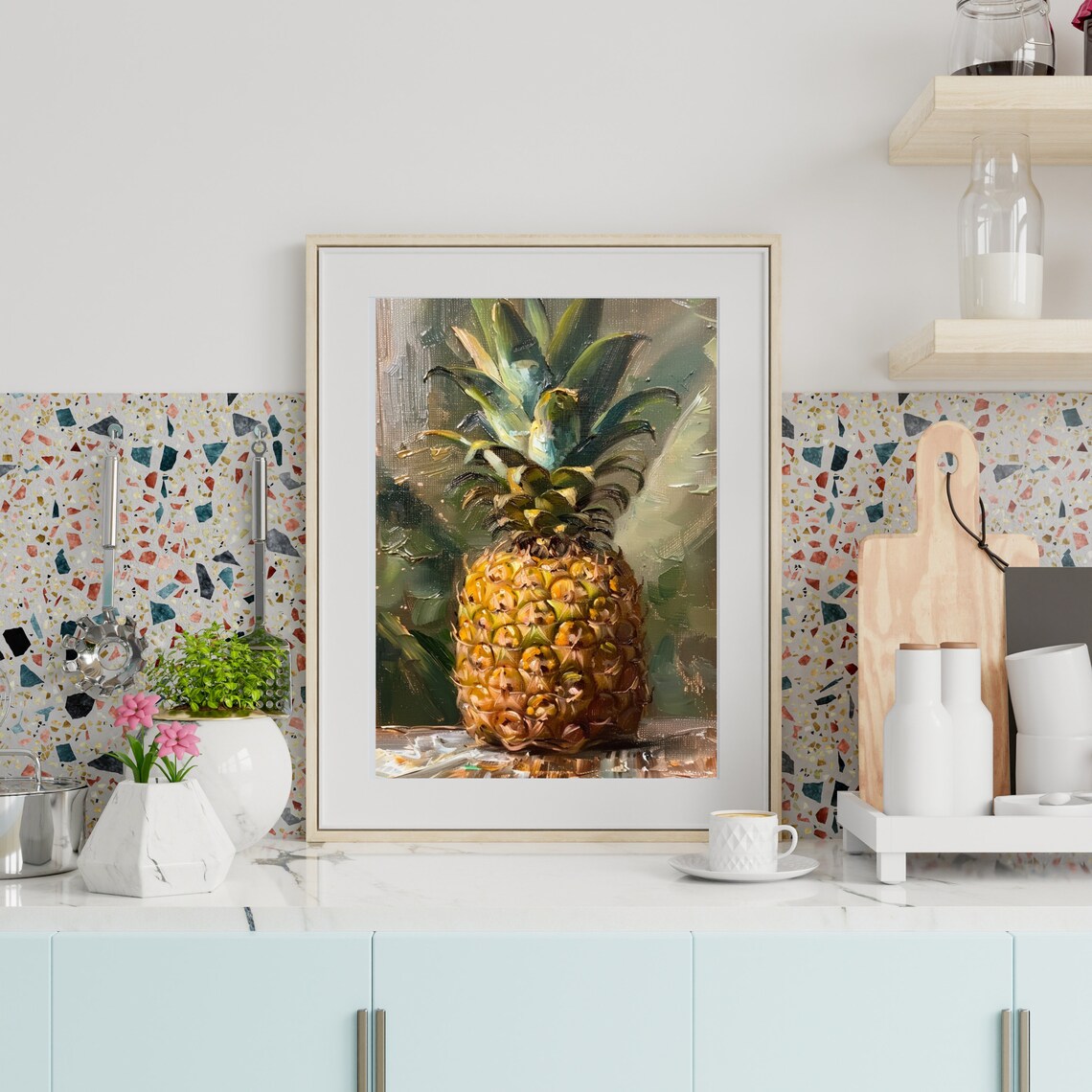 Moody Pineapple Painting, Vintage Fruit Still Life - Image 3