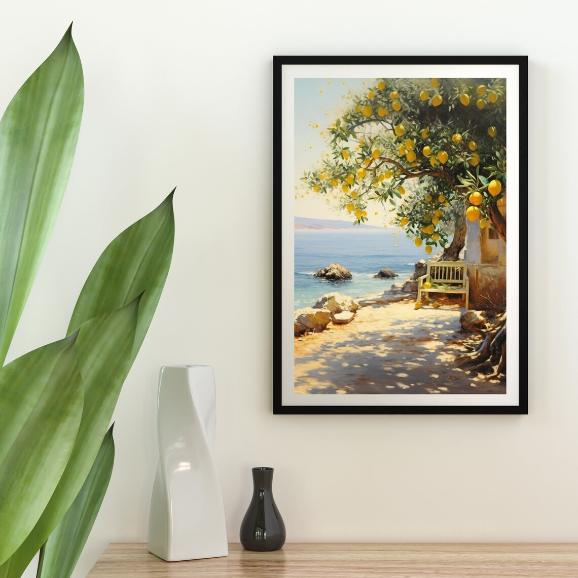Summer Lemon Tree Coastal Sea View Oil Painting Style Poster - Image 2