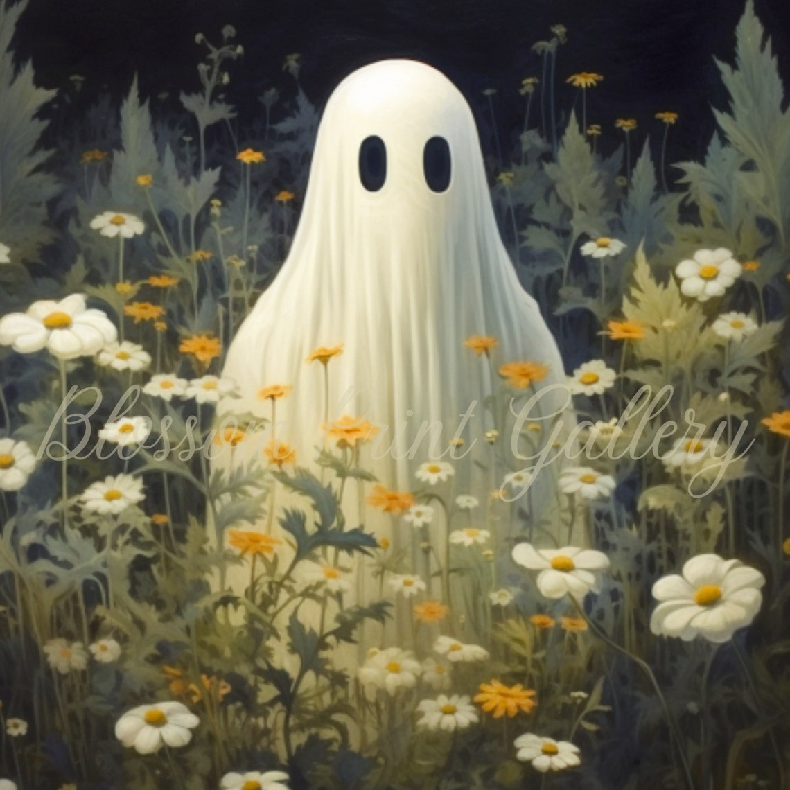 Cute Ghost In Wildflower Meadow At Night Spooky Floral Poster - Image 5