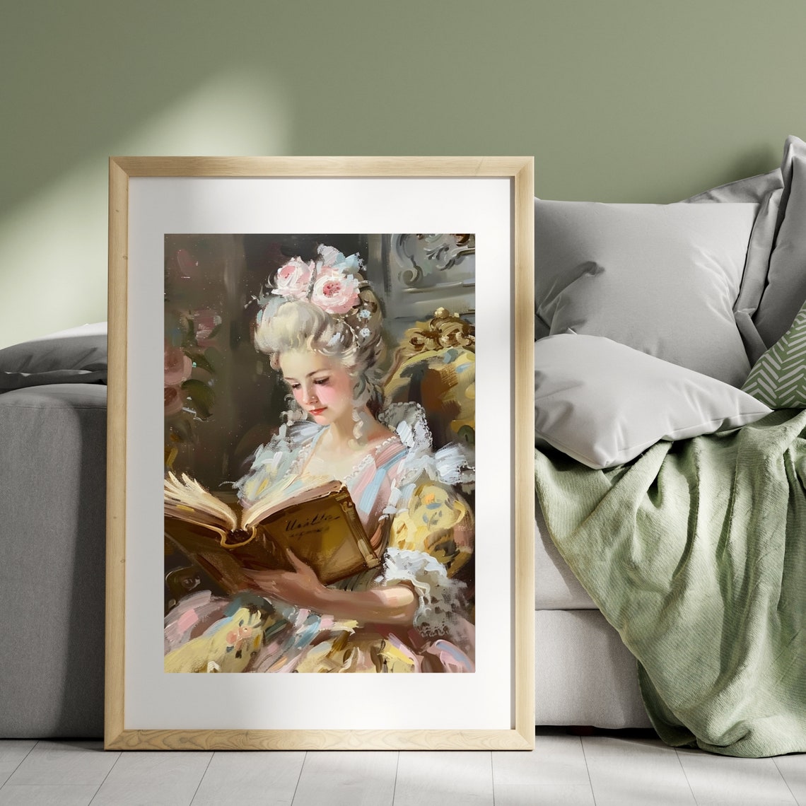 Rococo Lady Reading A Book Pink Pastel Floral Portrait Art Poster - Image 2