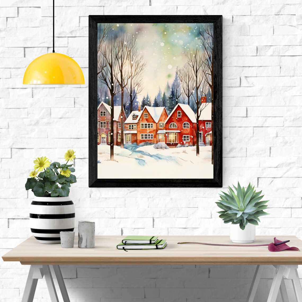 Watercolor Snowy Village with Red Brick Houses Winter Poster - Image 6