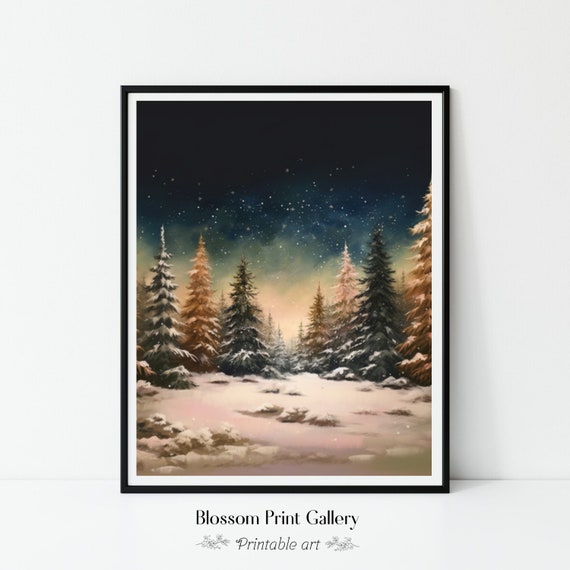 Vintage Christmas Wall Art Snowy Winter Landscape Paint Nature Muted Neutral Moody Rustic Night Forest Decor 165