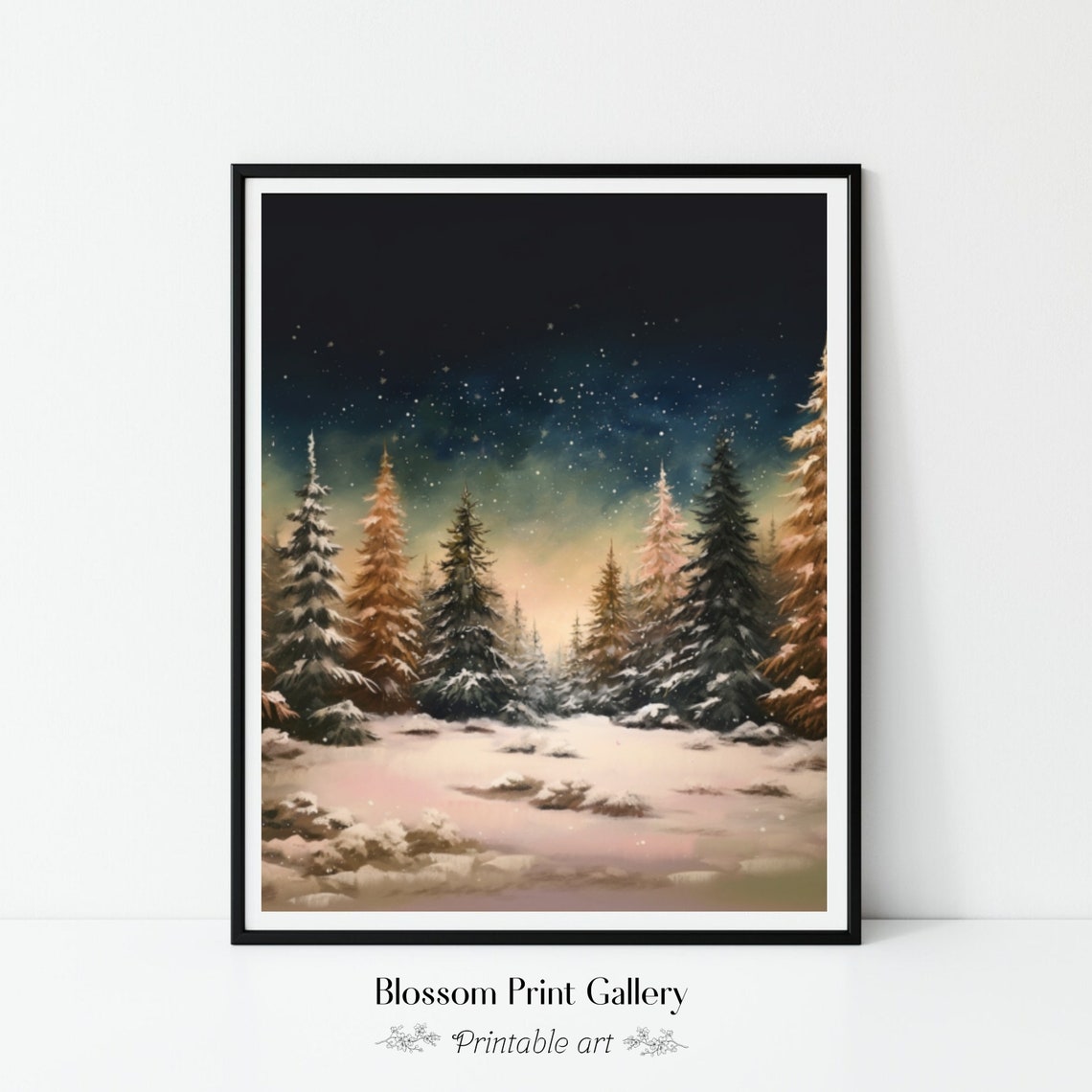 Snowy Pine Forest Under Starry Night Sky Winter Holiday Poster