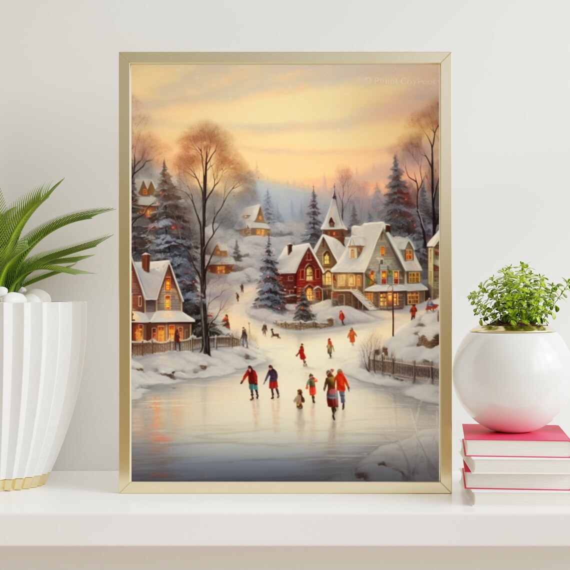 Snowy Winter Village Ice Skating at Golden Dusk Painting Poster - Image 4