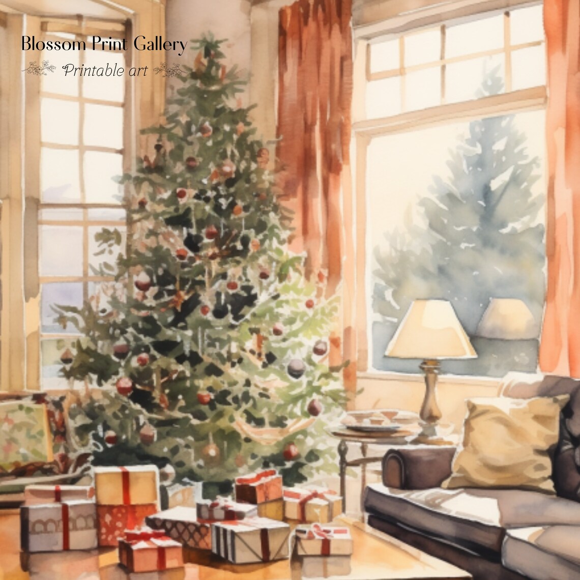 Watercolor Christmas Tree With Gifts In A Cozy Living Room Poster - Image 3