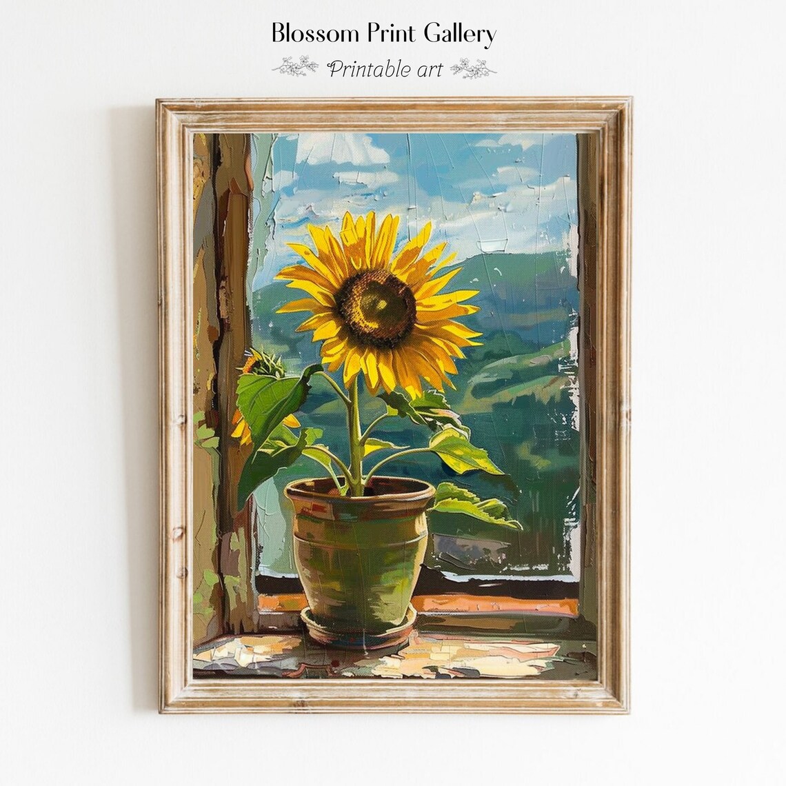 Sunflower In Pot On Windowsill Bright Yellow Floral Still Life Art Poster