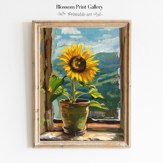 Sunflower In Pot On Windowsill Bright Yellow Floral Still Life Art Poster