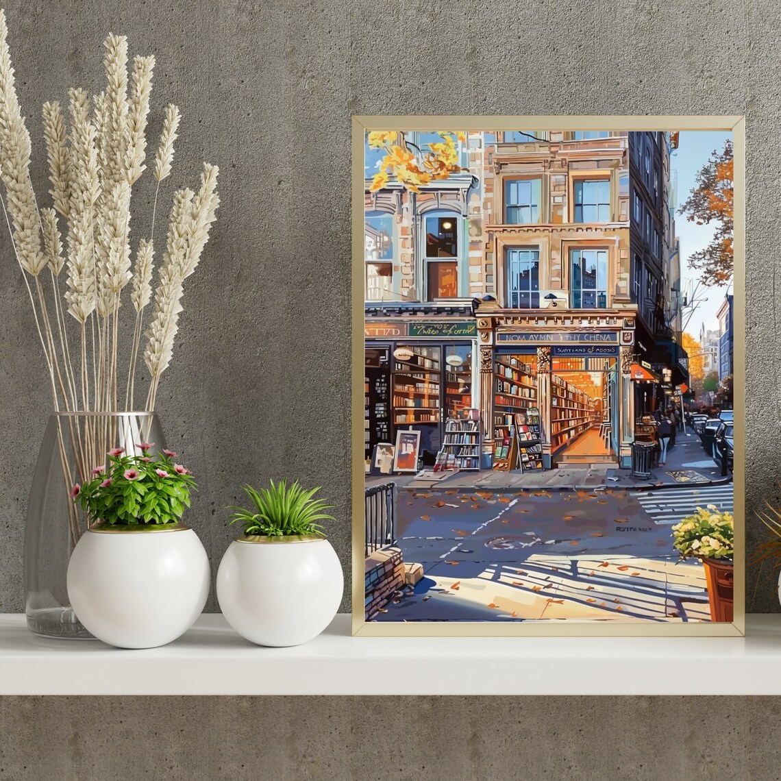 Autumn Bookstore Street Fall Leaves Historic City Painting Poster - Image 6