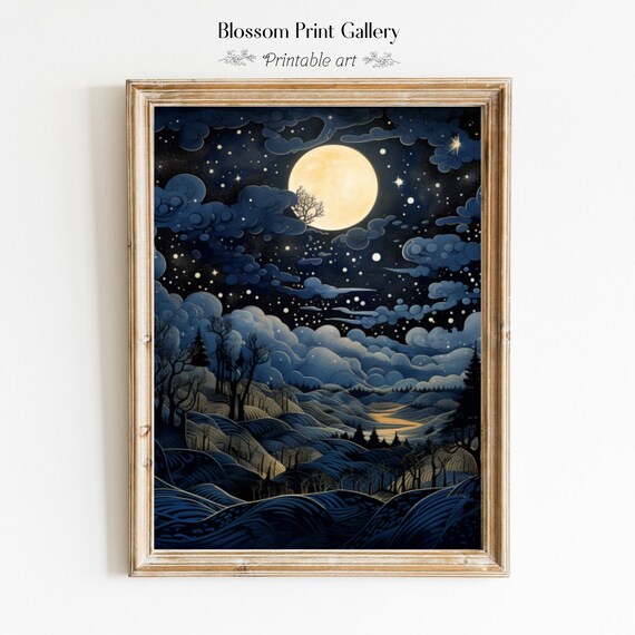 Night Sky Art Star Celestial Moody Landscape Painting Wall Art Night Landscape Art Dark Academia Night Landscape 513