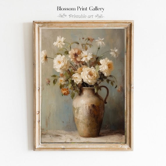 White Flowers in Rustic Vintage Jug Still Life Floral Poster