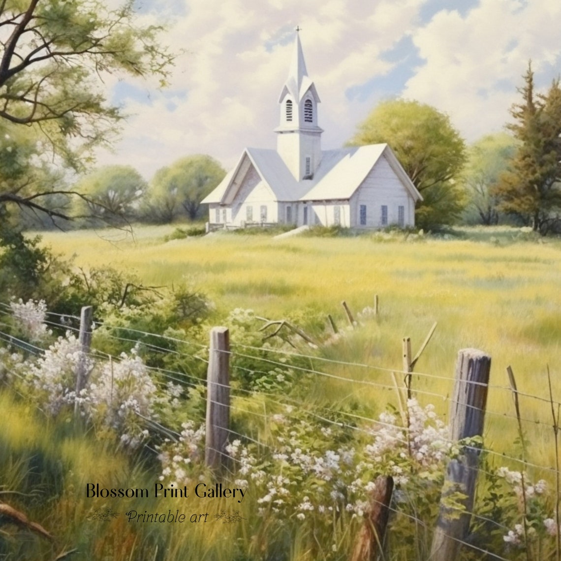 Vintage Church Print Spring Landscape Oil Painting Farmhouse Decor Living Room Wall Art Country Scenery 374 - Image 2