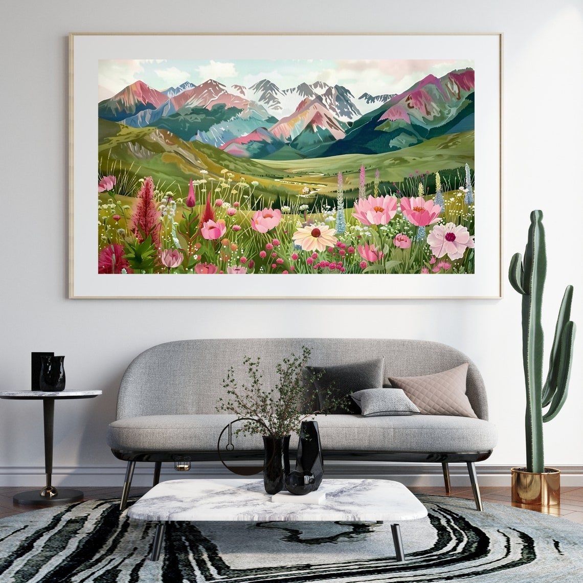 Pink Wildflower Meadow with Colorful Mountain Peaks Art Poster - Image 3