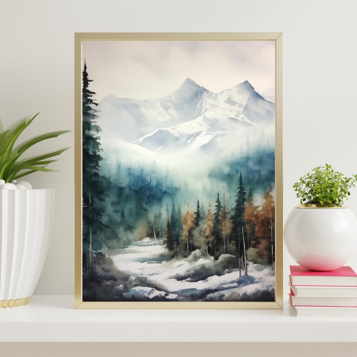 Misty Snowy Mountain Forest Watercolor Winter Landscape Poster - Image 5