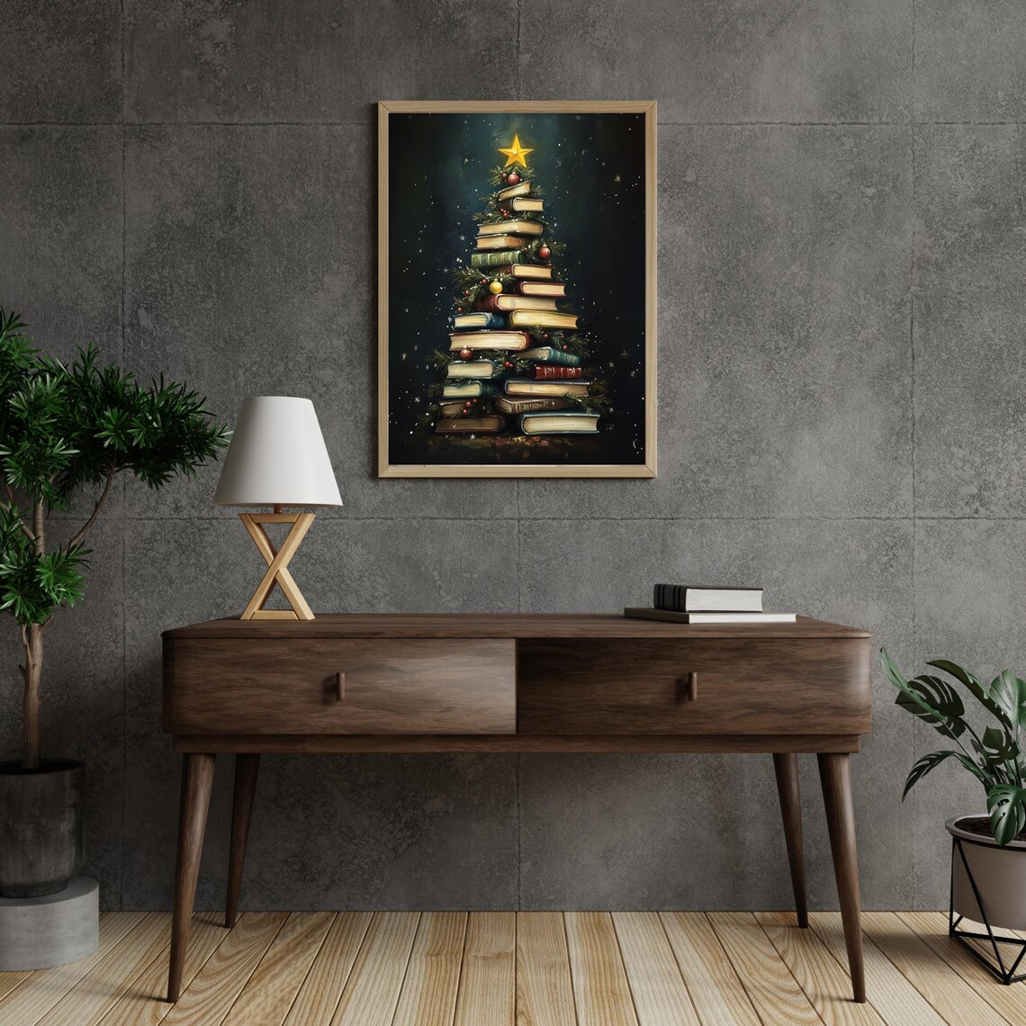 Vintage Stacked Books Christmas Tree Star Book Lover Holiday Poster - Image 2
