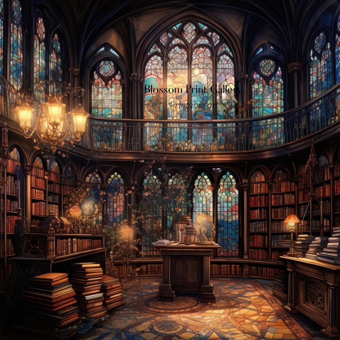 Magical Gothic Library with Stained Glass Windows Painting Poster - Image 2