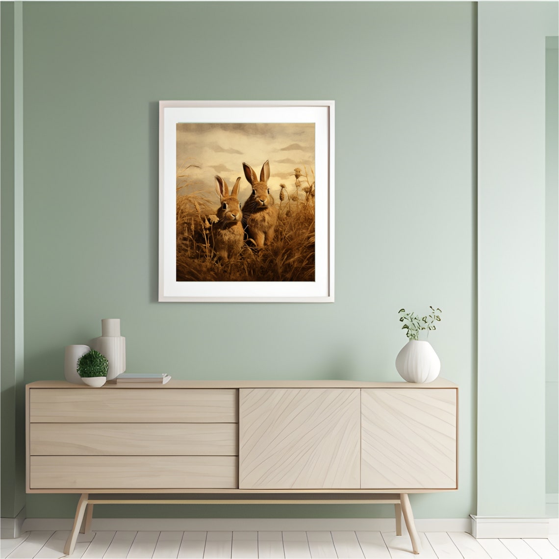 Two Brown Rabbits Golden Meadow Vintage Wildlife Painting Poster - Image 5