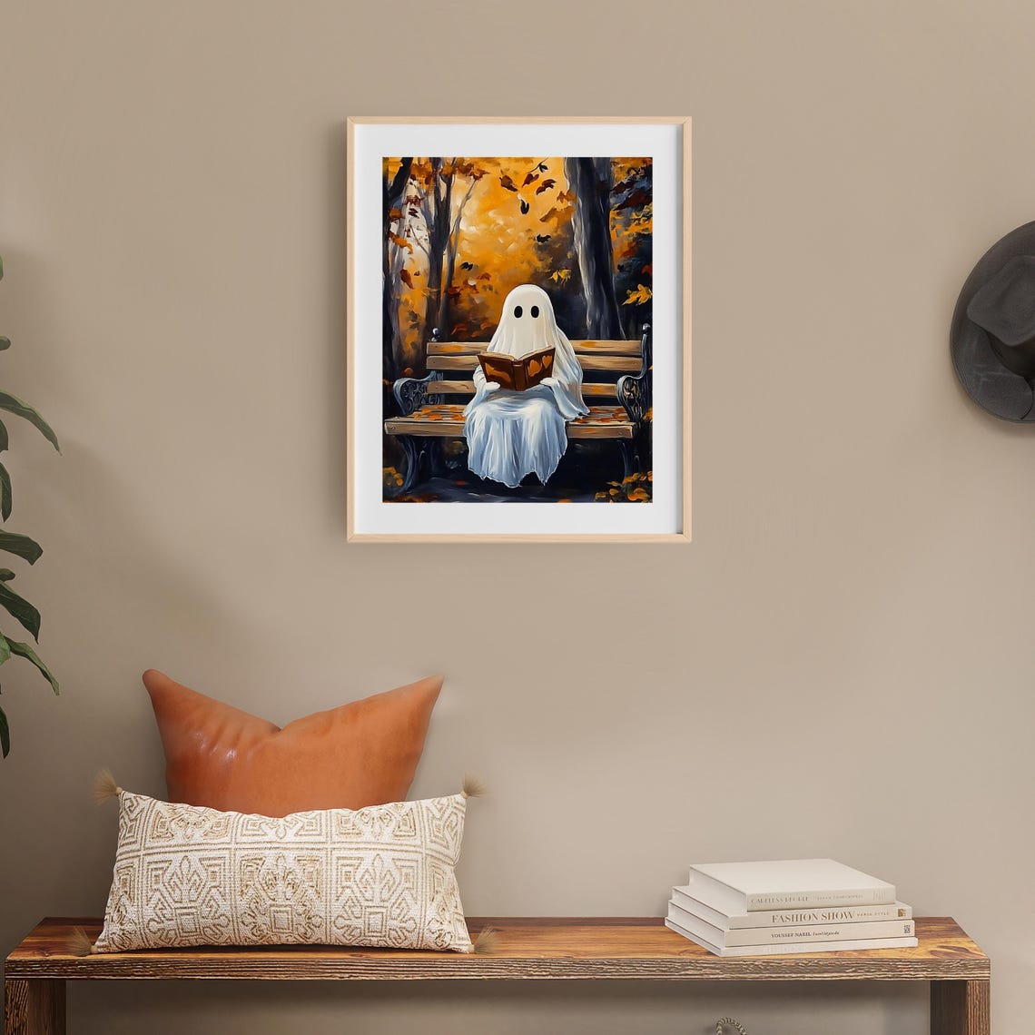 Cute Ghost Reading A Book On A Bench In An Autumn Forest Poster - Image 6