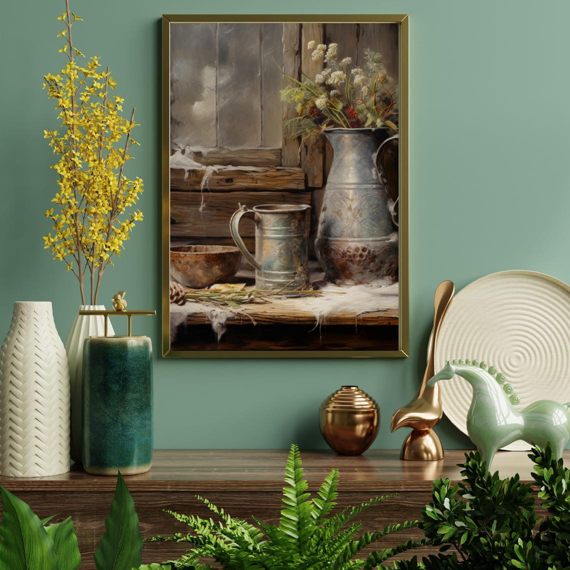 Weathered Metal Pitchers With Wildflowers On A Snowy Ledge Print - Image 5