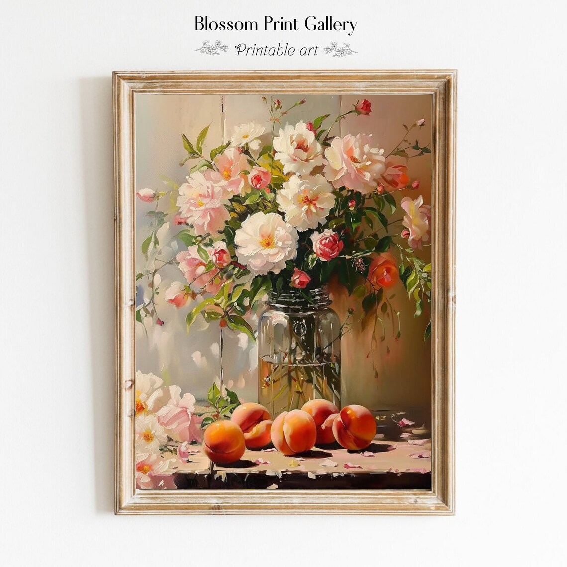Blush Peonies and Roses in Glass Jar with Peaches Painting Poster