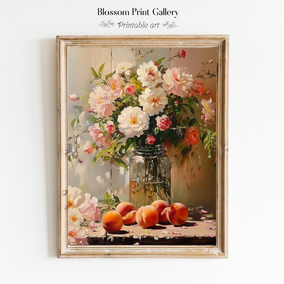 Blush Peonies and Roses in Glass Jar with Peaches Painting Poster