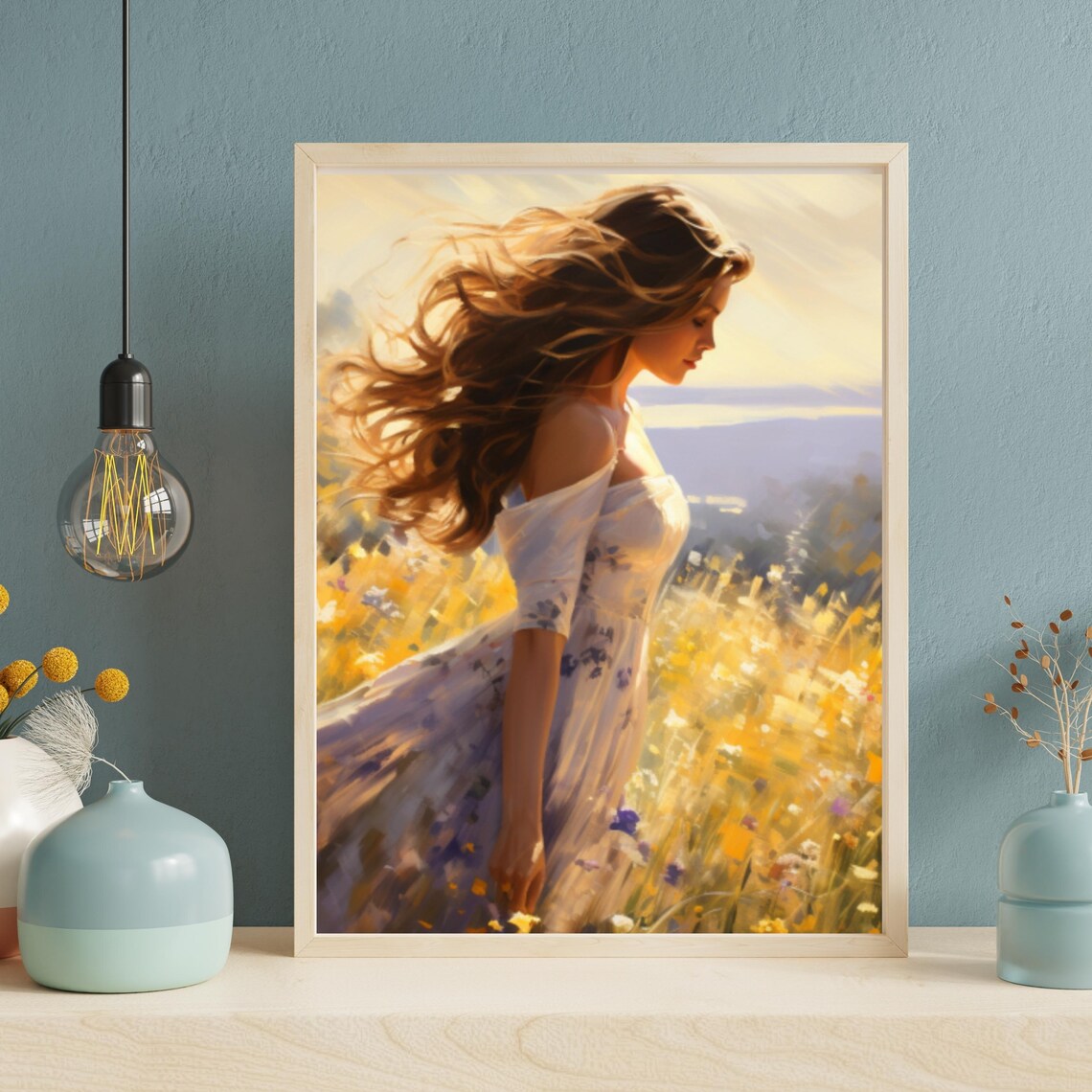 Woman Flowing Dress Golden Wildflower Meadow Sunset Painting Poster - Image 3