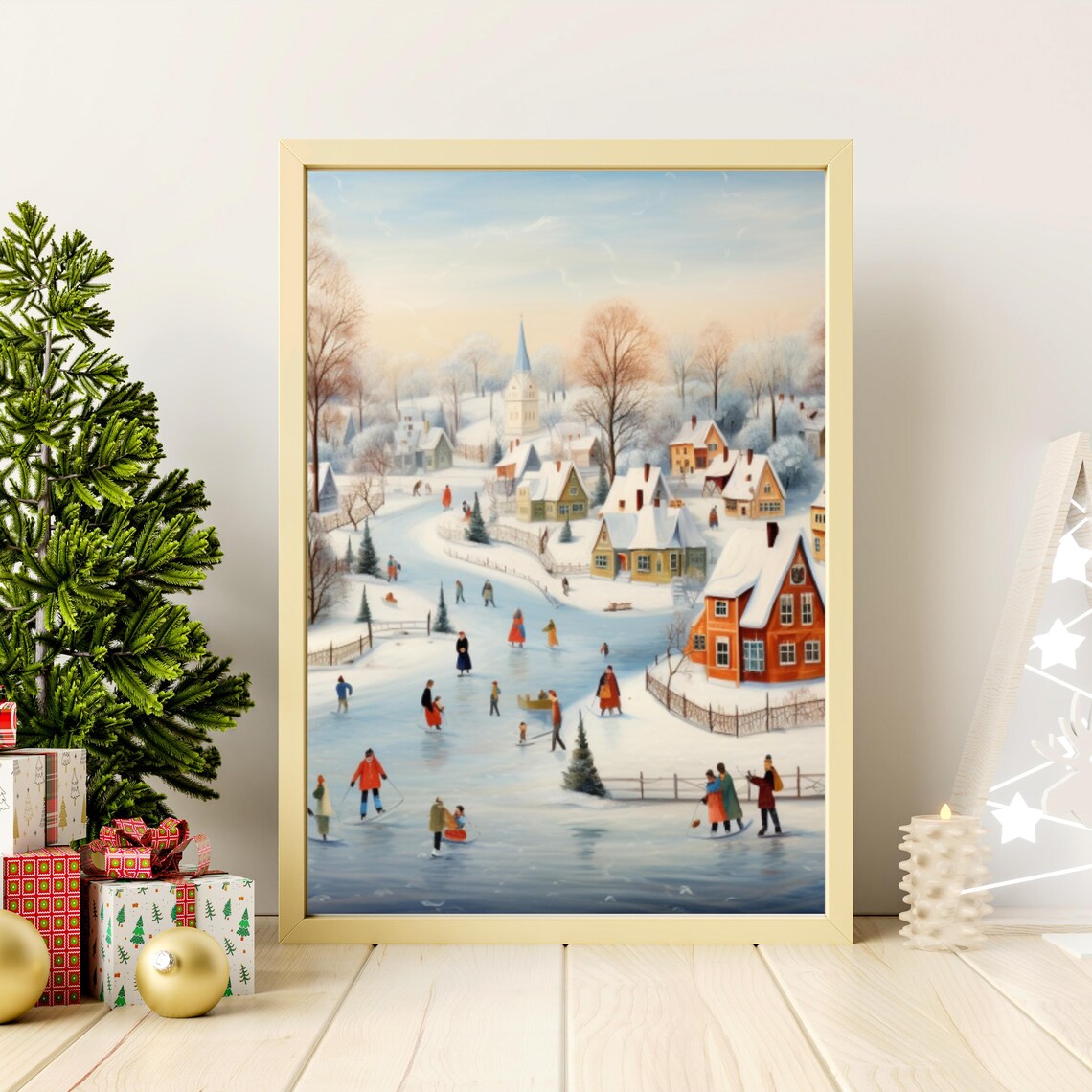 Winter Village Frozen Pond Ice Skaters Snowy Church Folk Art Poster - Image 3