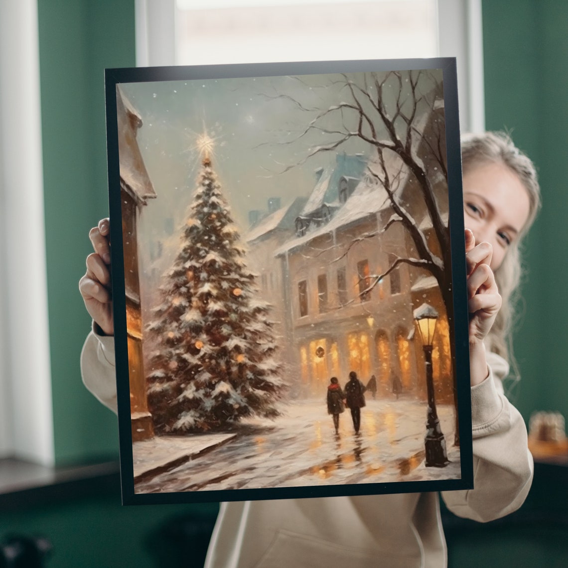 Vintage Christmas Wall Art City Street Painting Festive Holiday Home Decor Snowy Town Artwork Winter Street 185 - Image 4