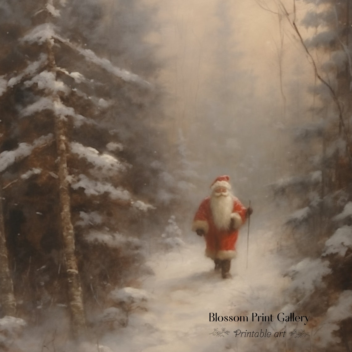 Santa Walking Through Snowy Winter Forest Vintage Christmas Poster - Image 2